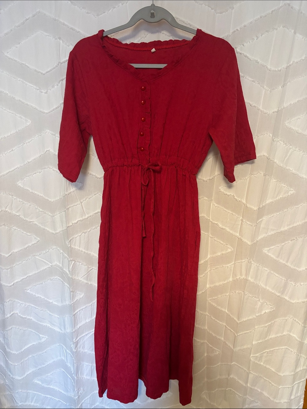 Red Women's Midi Dress with Drawstring Waist